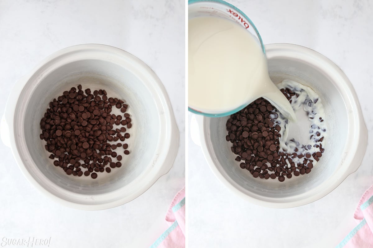 Two photo collage showing how to combine ingredients for Slow Cooker Hot Chocolate.