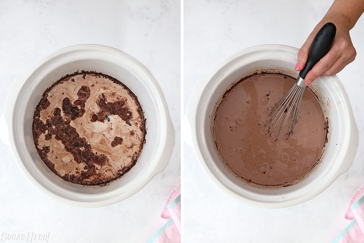 Two photo collage showing whisking hot chocolate in the slow cooker.