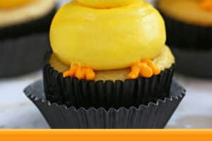 Photo of Baby Chick Cupcake with text overlay for Pinterest.