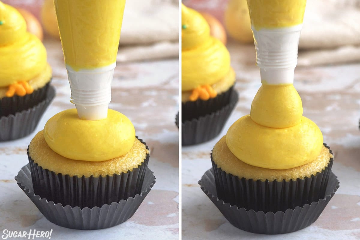 2 photo process collage for Baby Chick Cupcakes showing buttercream piping to make the body.