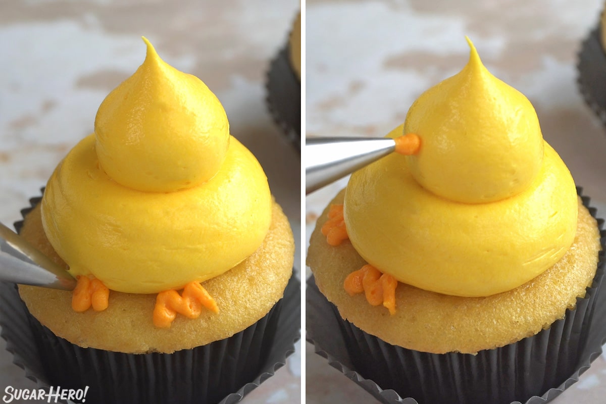 2 photo collage for Baby Chick Cupcakes showing piped feet and beak.