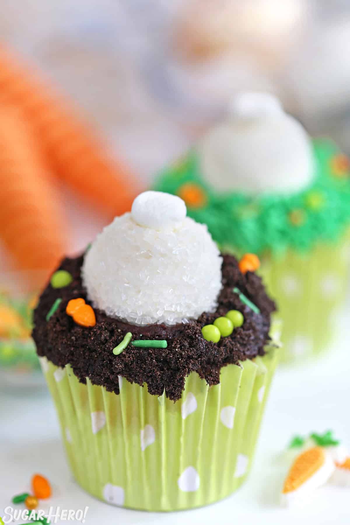 Close up of a Bunny Butt Cupcake with Oreo crumb dirt.