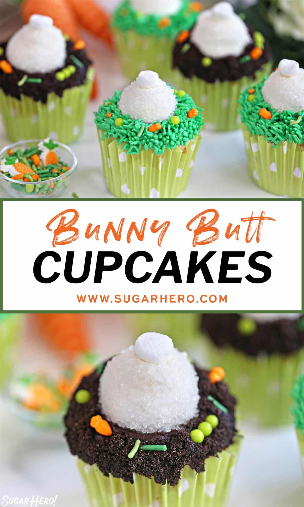 2 photos of Bunny Butt Cupcakes with text overlay for Pinterest.
