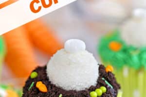 Photo of Bunny Butt Cupcakes with text overlay for Pinterest.