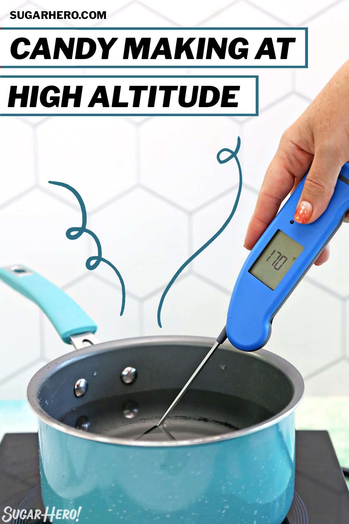 Thermometer inserted in a pot of water, with text overlay for Pinterest.