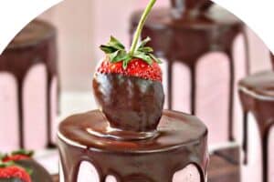 Photo of Chocolate-Covered Strawberry Cakes with text overlay for Pinterest.