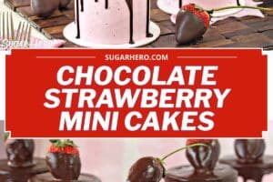 Two photo collage of Chocolate-Covered Strawberry Cakes with text overlay for Pinterest.