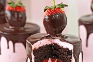 Photo of Chocolate-Covered Strawberry Cakes with text overlay for Pinterest.