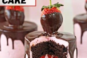 Photo of Chocolate-Covered Strawberry Cakes with text overlay for Pinterest.