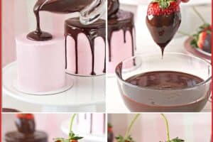 Four-photo collage of Chocolate-Covered Strawberry Cakes with text overlay for Pinterest.