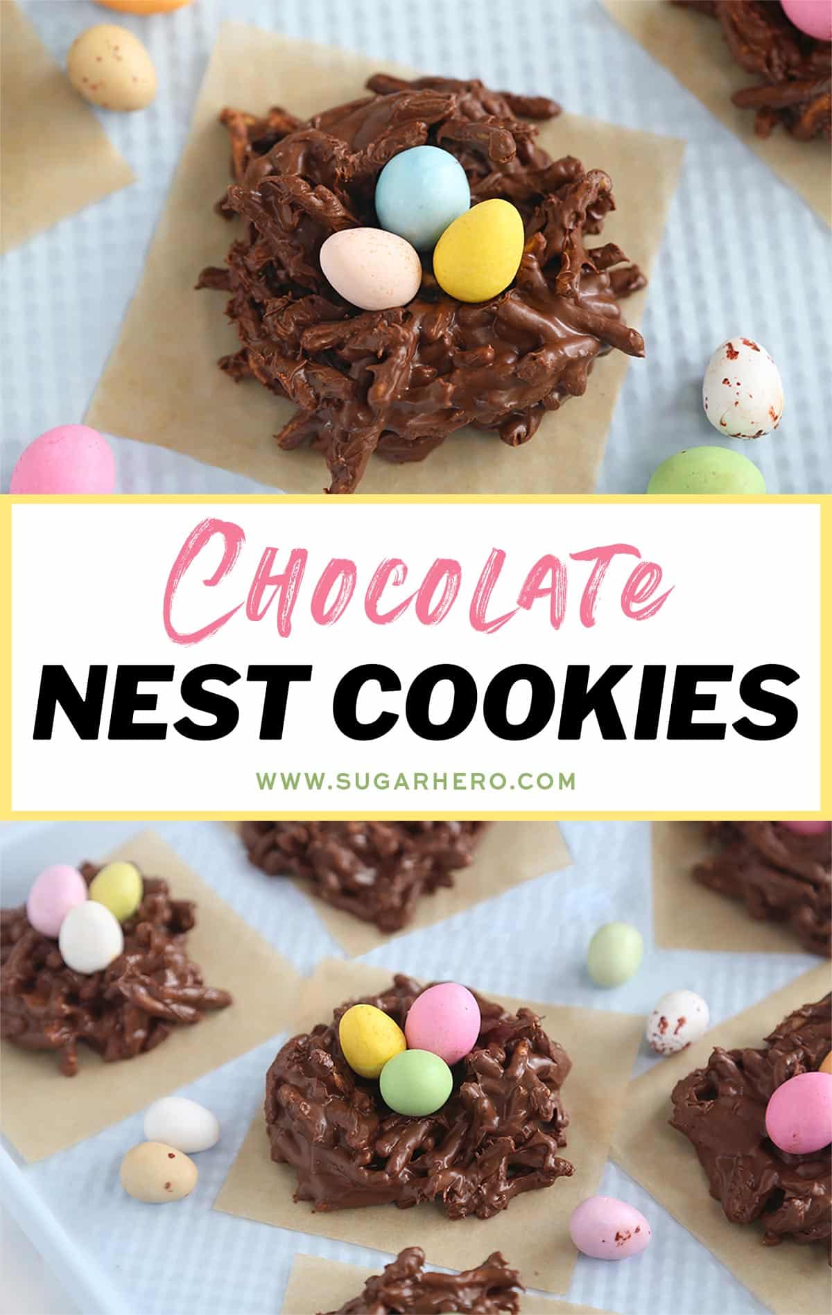 2 photo of Chocolate Nests with text overlay for Pinterest.