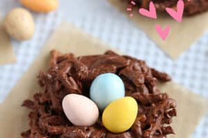 Photo of Chocolate Nests with text overlay for Pinterest.