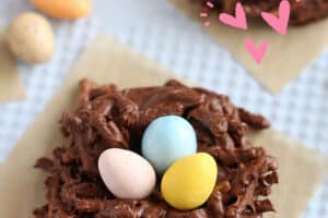 Photo of Chocolate Nests with text overlay for Pinterest.