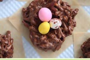 Photo of Chocolate Nests with text overlay for Pinterest.