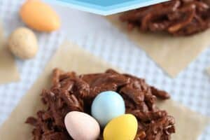 Photo of Chocolate Nests with text overlay for Pinterest.