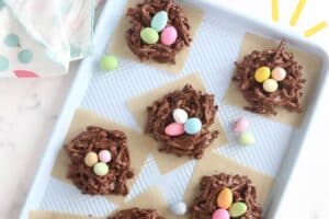 Photo of Chocolate Nests with text overlay for Pinterest.