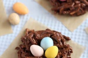 Photo of Chocolate Nests with text overlay for Pinterest.