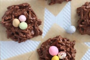 Photo of Chocolate Nests with text overlay for Pinterest.