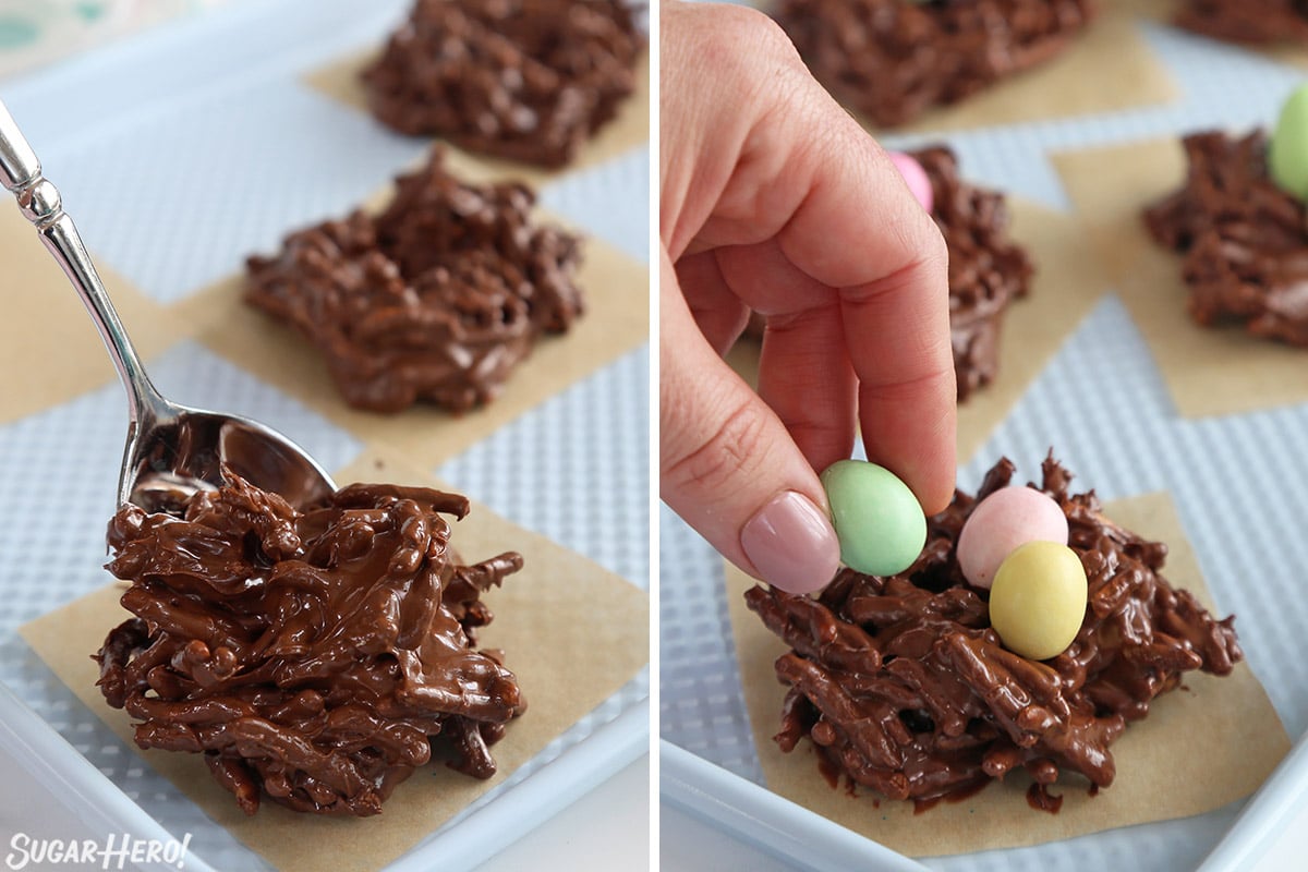 2 photo process collage showing how to scoop and decorate Chocolate Easter Bird's Nest Cookies.