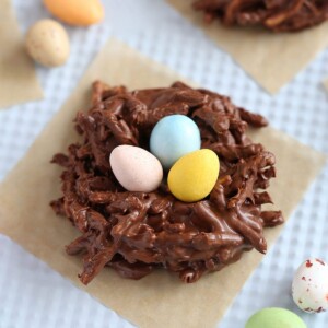 Close up of a Chocolate Nest on a square of brown parchment, with candy eggs on top.