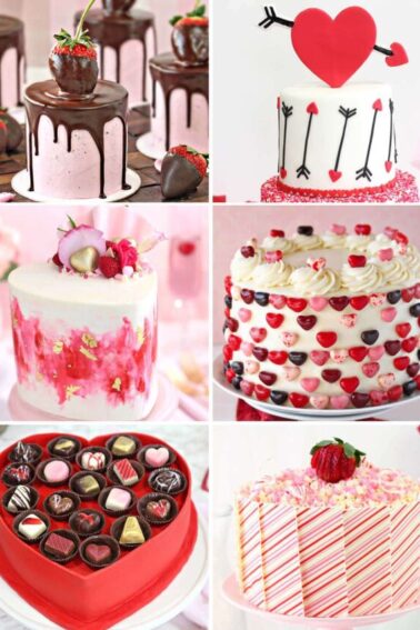 Collage of 6 Valentine's Day cake pictures for round up.