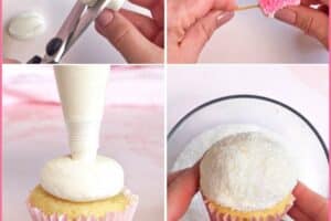 6 photo collage of how to make Easter Bunny Cupcakes with text overlay for Pinterest.