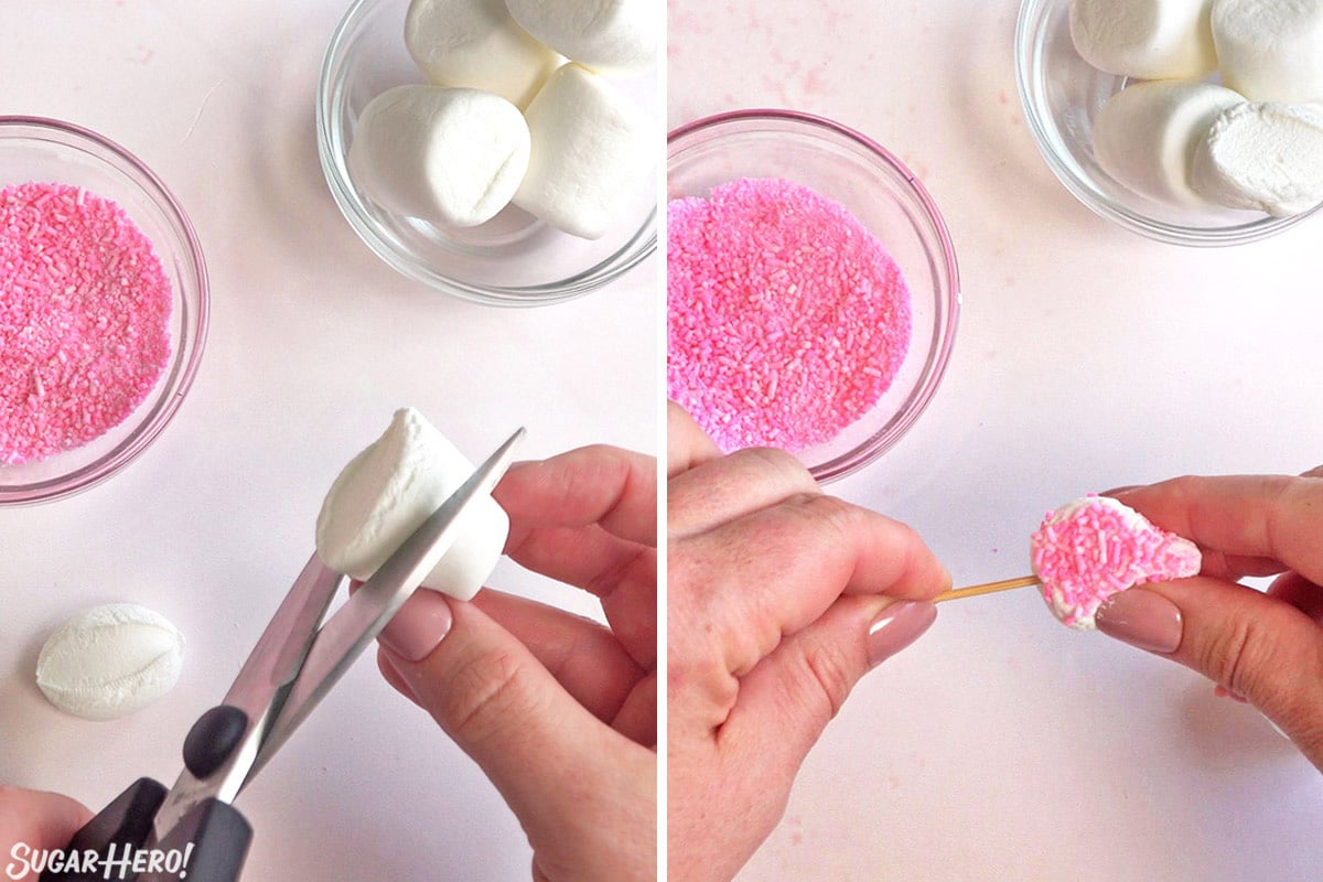 2 photo process picture of cutting marshmallows, dipping them in sugar and inserting a toothpick for Easter Bunny Cupcakes.