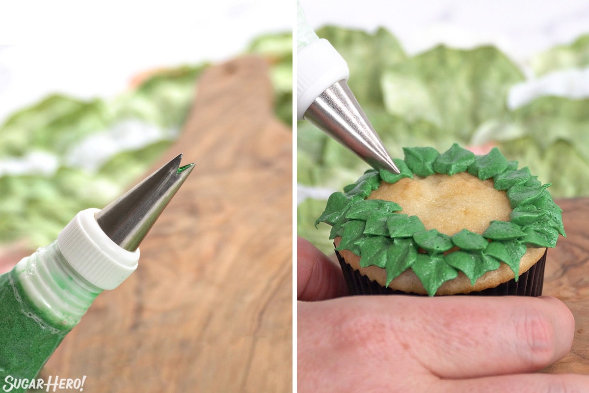 Two photo collage showing how to pipe leaves in a ring around a cupcake top.