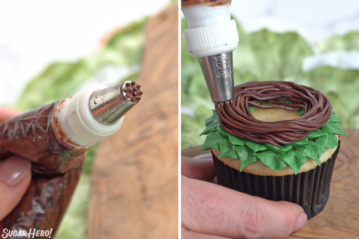 Two photo collage showing how to pipe chocolate buttercream to form a frosting nest.