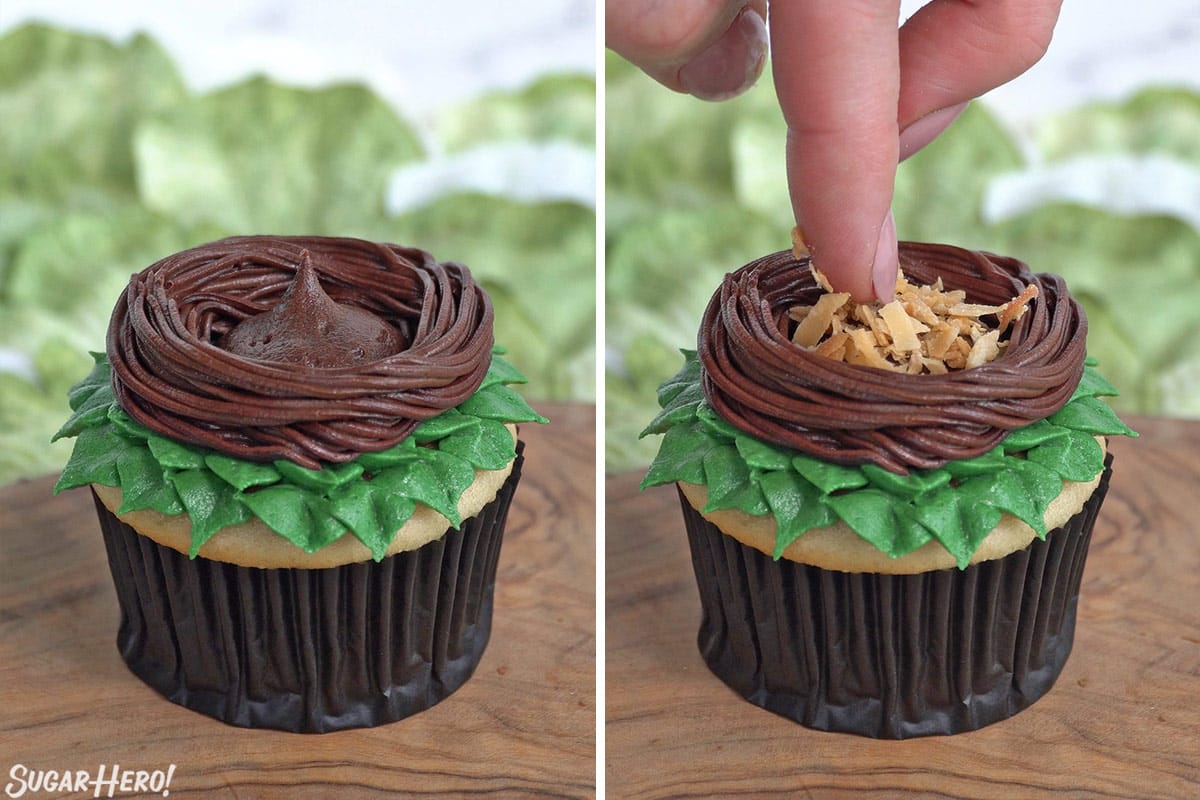 Two photo collage showing how to add coconut to Easter Bird's Nest Cupcakes.