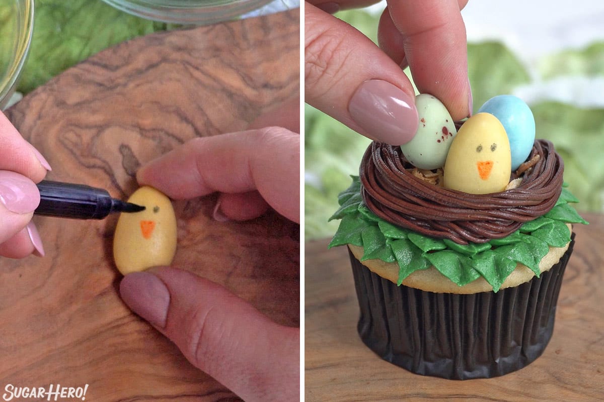 Two photo collage showing how to decorate candy eggs and put them in Easter Bird's Nest Cupcakes.