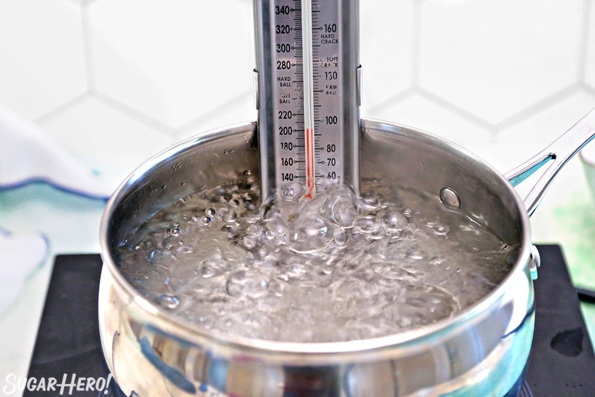 Thermometer in a pot of boiling water to test its calibration.