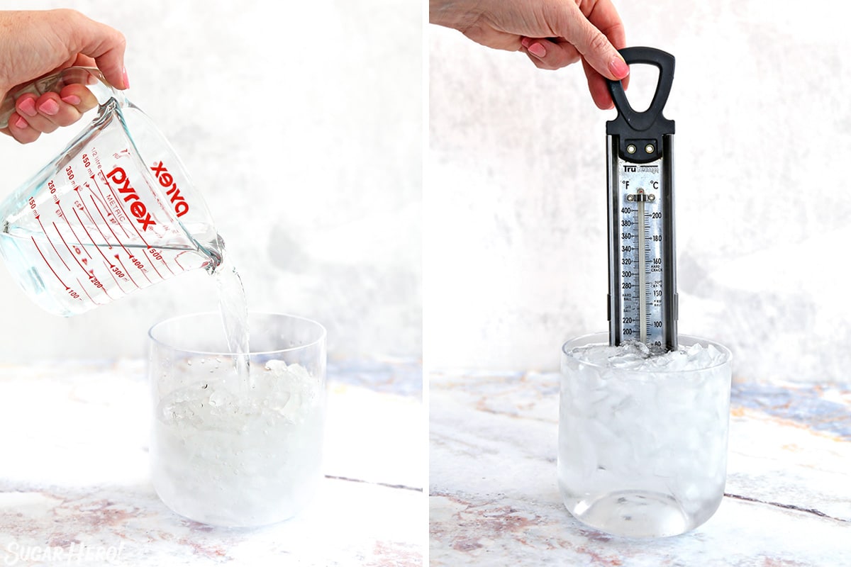 Two photo collage showing making ice water, and placing a thermometer in the ice water.