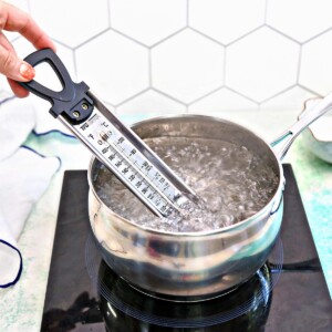 Hand placing a candy thermometer into a pot of boiling water.