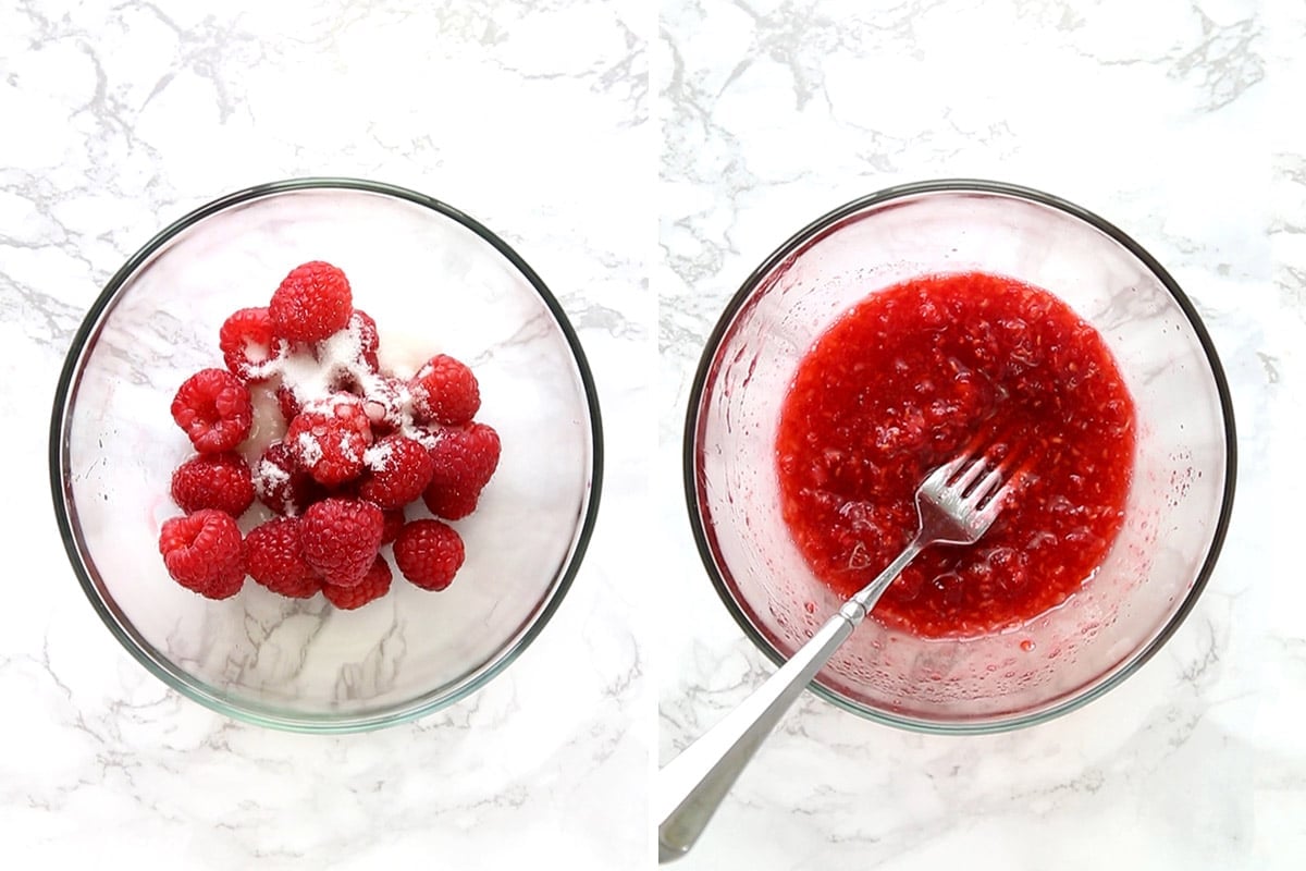 Two photo collage showing how to make fresh raspberry puree.