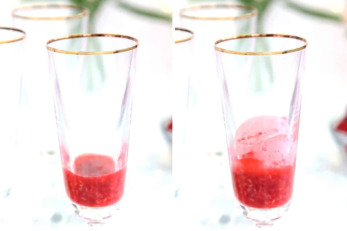 Two photo collage showing adding raspberry puree and sherbet to a glass.