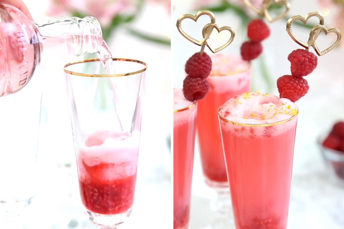 Two photo collage showing adding pink lemonade to a glass and garnishing it with fresh raspberries.