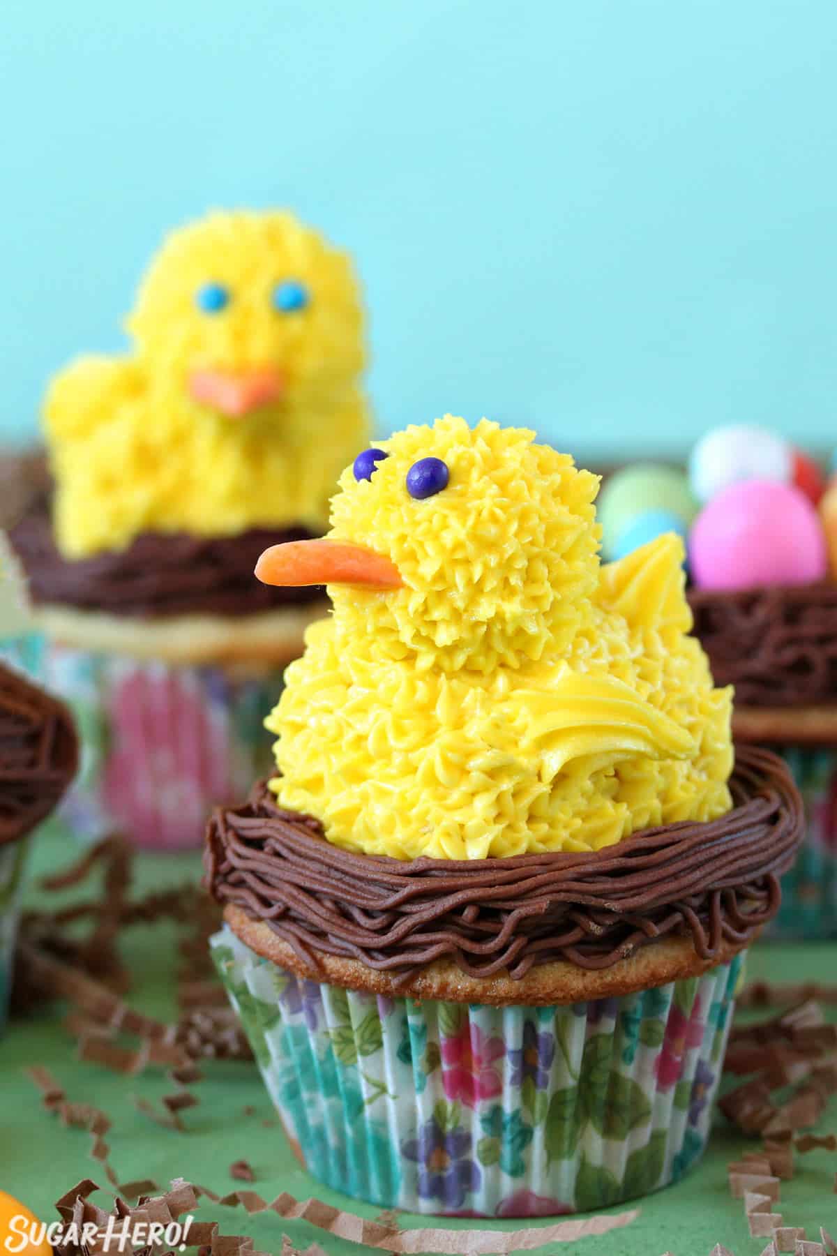 Close up of a Spring Chick Cupcake.