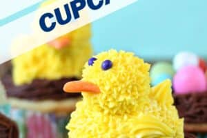 Photo of Spring Chick Cupcakes with text overlay for Pinterest.