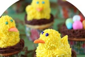 Photo of Spring Chick Cupcakes with text overlay for Pinterest.