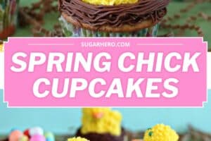 2 photo of Spring Chick Cupcakes with text overlay for Pinterest.