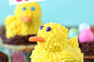 Photo of Spring Chick Cupcakes with text overlay for Pinterest.