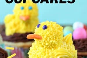 Photo of Spring Chick Cupcakes with text overlay for Pinterest.