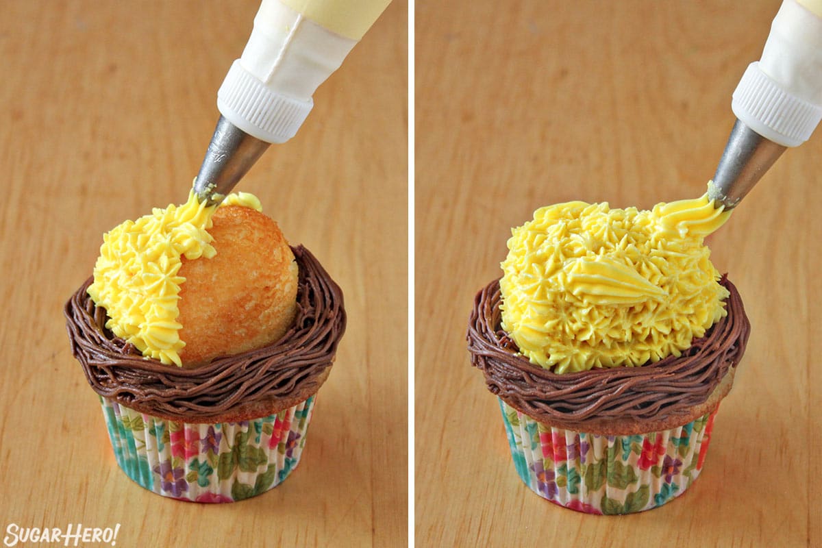 2 photo process picture of putting the body on a Spring Chick Cupcake.