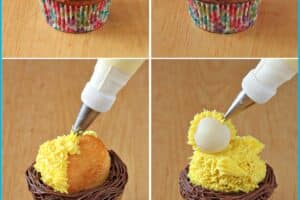 6 photo collage of how to make Spring Chick Cupcakes with text overlay for Pinterest.