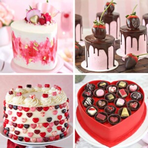 Collage of 4 different Valentine's Day cake pictures for round up.