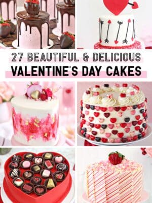 Collage of 6 Valentine's Day cake pictures with text overlay for Pinterest.