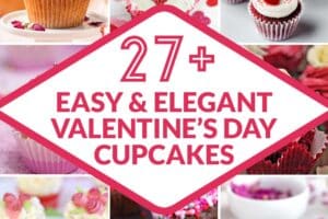 12 photo collage of Valentine's Day Cupcake Recipes with text overlay for pinterest.