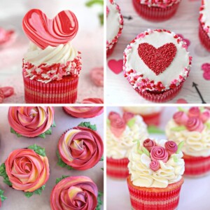 Collage of 4 Valentine's Day cupcake pictures.