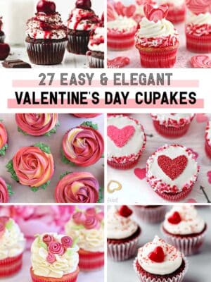 Collage of 6 Valentine's Day cupcake pictures with text overlay for round up.